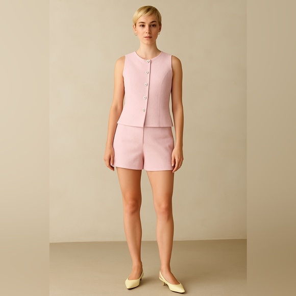 Elegant Pink Sleeveless Vest with Short, sheer organsa Skirt Set-Missing labels - Picture 4 of 5
